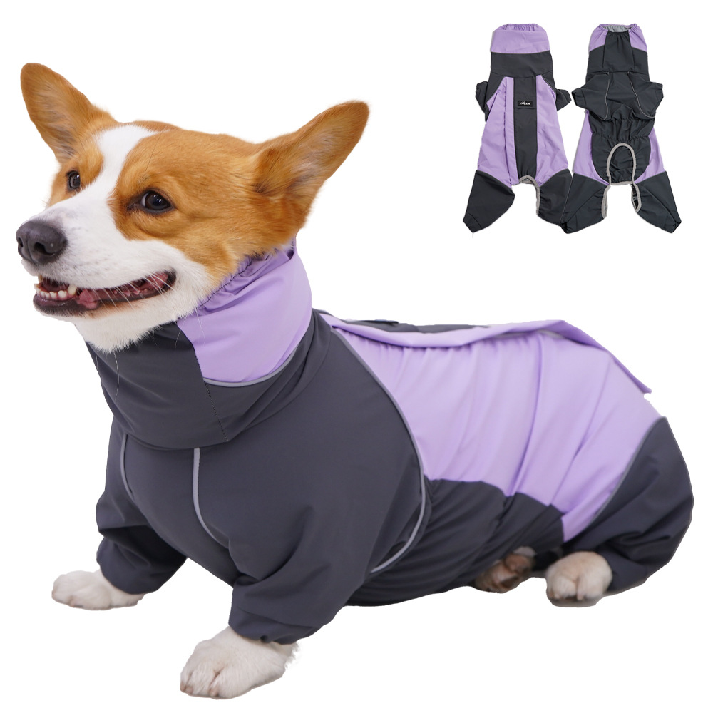 Leashable full-coverage raincoat for Corgis, outdoor reflective pet rain jacket, windproof and waterproof.