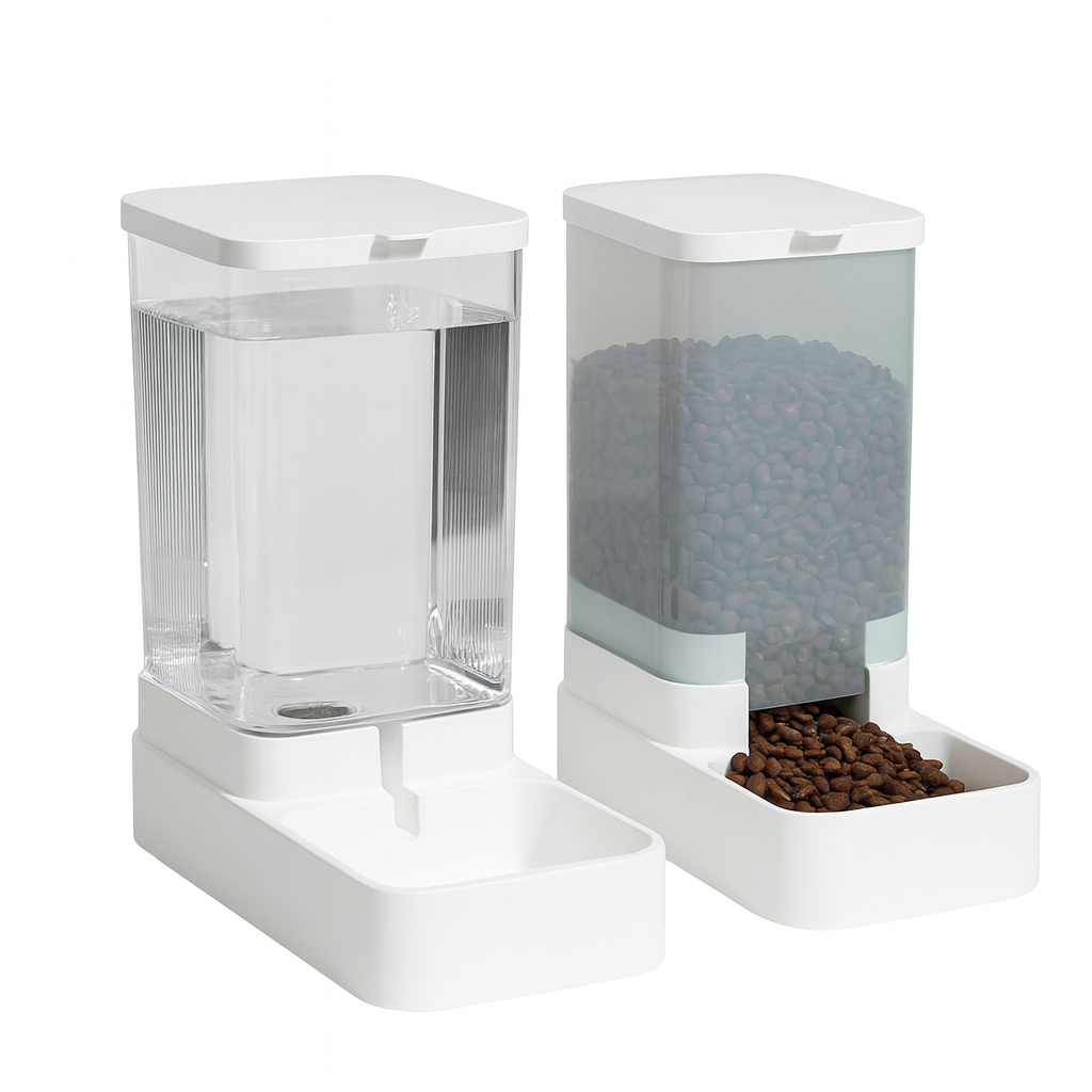 Automatic cat and dog water fountain, cat food feeder, cat and dog bowls, cat feeding and pet water dispenser.