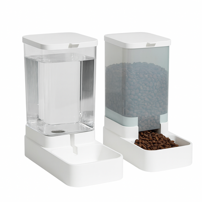 Automatic cat and dog water fountain, cat food feeder, cat and dog bowls, cat feeding and pet water dispenser.