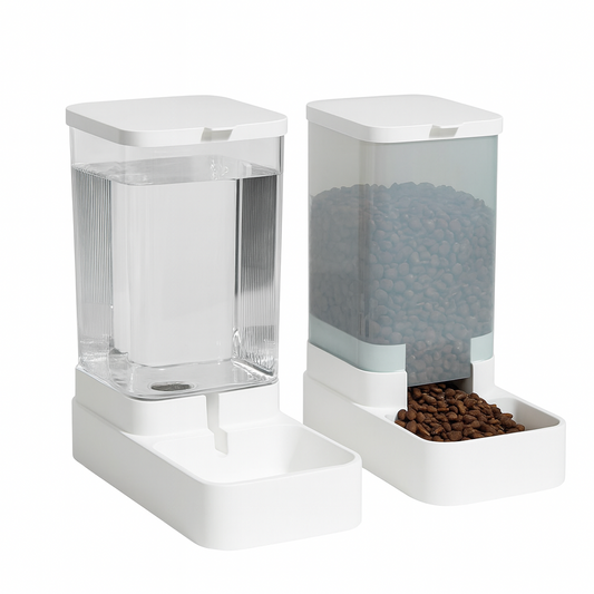 Automatic cat and dog water fountain, cat food feeder, cat and dog bowls, cat feeding and pet water dispenser.