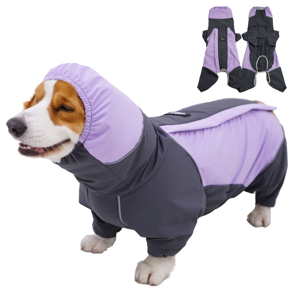 Leashable full-coverage raincoat for Corgis, outdoor reflective pet rain jacket, windproof and waterproof.