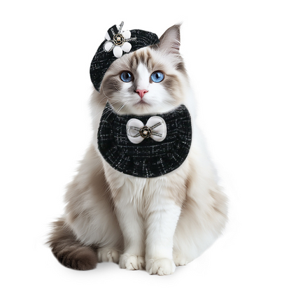 New woven Chanel-style floral bud hat with bow and lace trim pet cat and dog accessory set