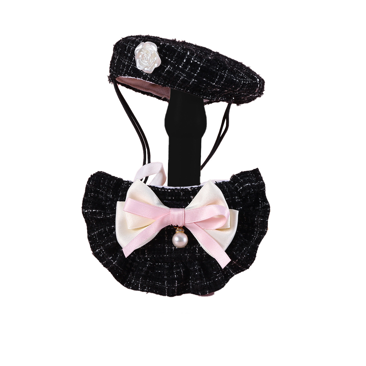 New woven Chanel-style floral bud hat with bow and lace trim pet cat and dog accessory set