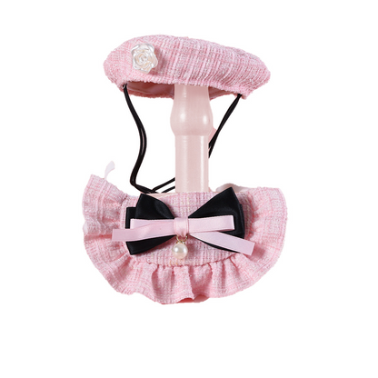 New woven Chanel-style floral bud hat with bow and lace trim pet cat and dog accessory set