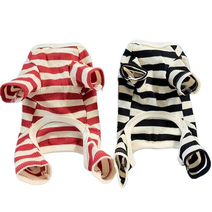 Knitted pet clothes for autumn and winter, warm striped four-legged suits for dogs, anti-shedding, suitable for Teddy, Bichon Frise, Schnauzer, and other small dogs.