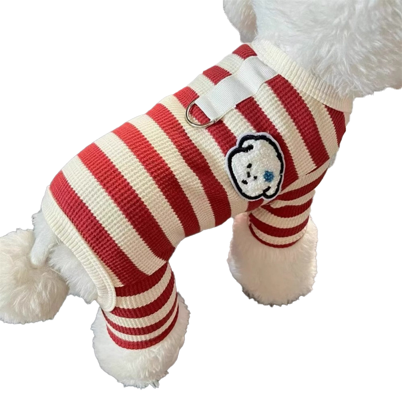 Knitted pet clothes for autumn and winter, warm striped four-legged suits for dogs, anti-shedding, suitable for Teddy, Bichon Frise, Schnauzer, and other small dogs.