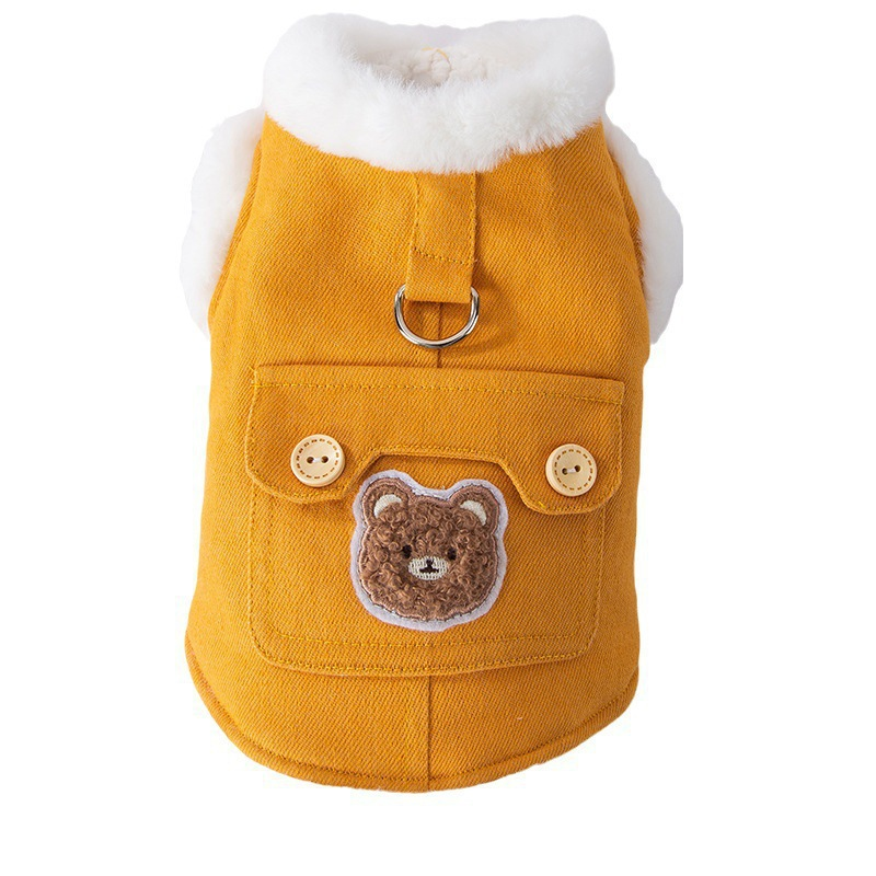 Thick, warm cotton-padded coat for small and medium-sized dogs and cats, with two-legged leashing mechanism.