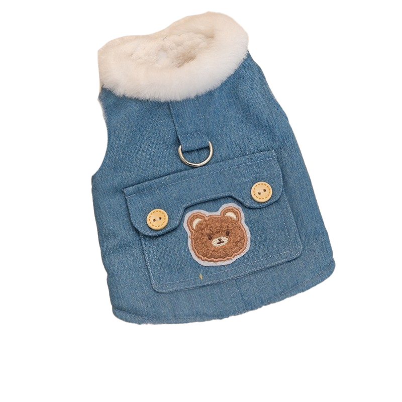 Thick, warm cotton-padded coat for small and medium-sized dogs and cats, with two-legged leashing mechanism.
