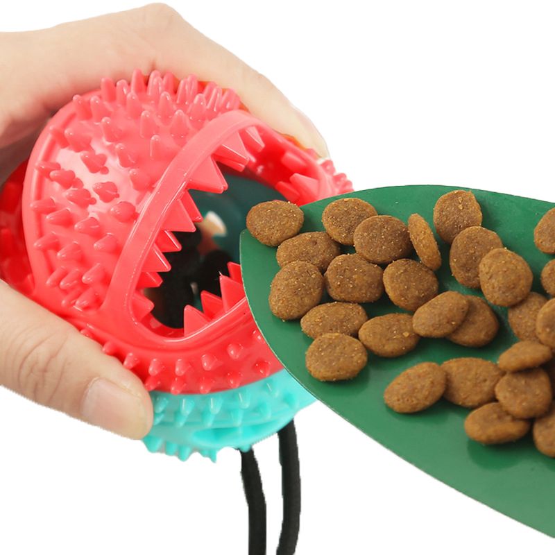 Dog toys that are resistant to chewing and gnawing, a pet entertainment device for relieving boredom, a puppy's self-biting play with suction cups, tug-of-war pulling force, and a food leakage ball.