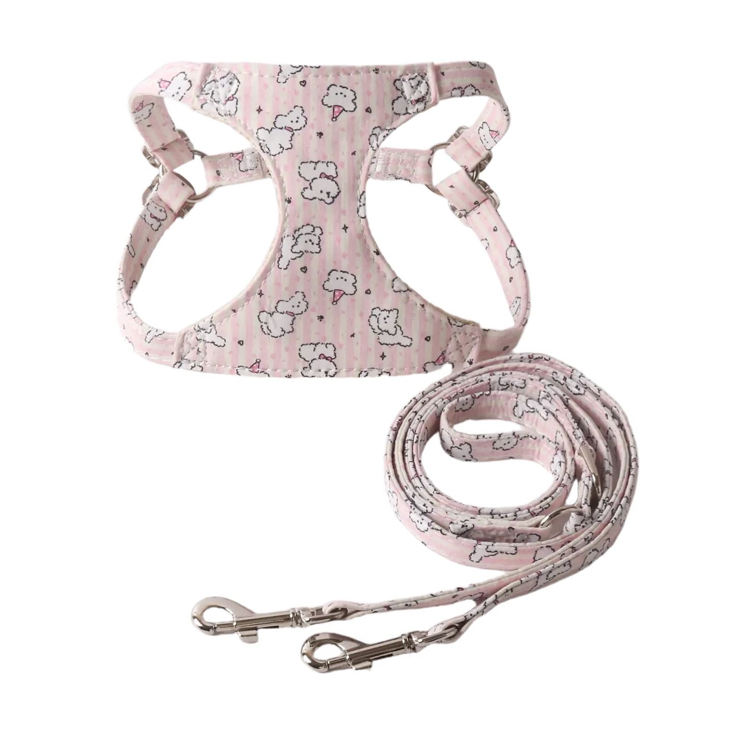 Super cute striped puppy harness set with dual-groove leash
