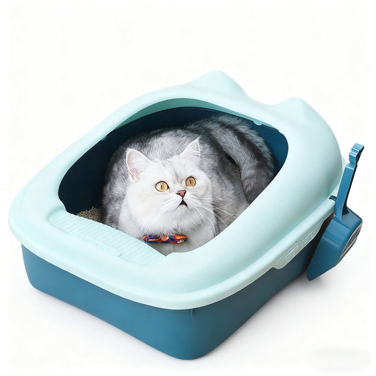 Semi-enclosed extra-large litter box for cats, high-sided to prevent spillage, comes with a litter scoop.