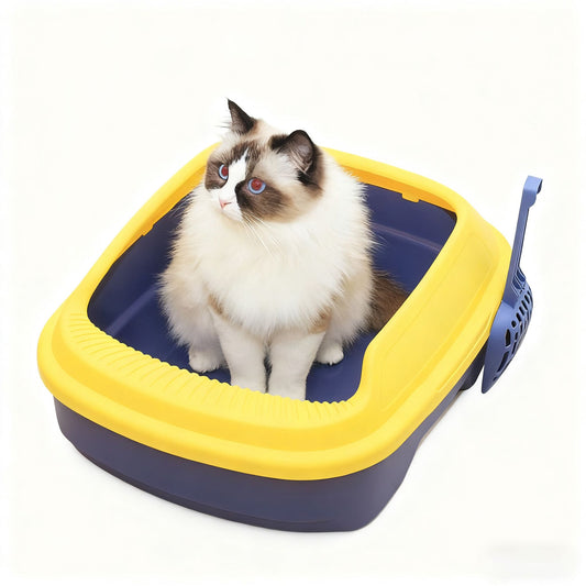 Semi-enclosed extra-large litter box for cats, high-sided to prevent spillage, comes with a litter scoop.